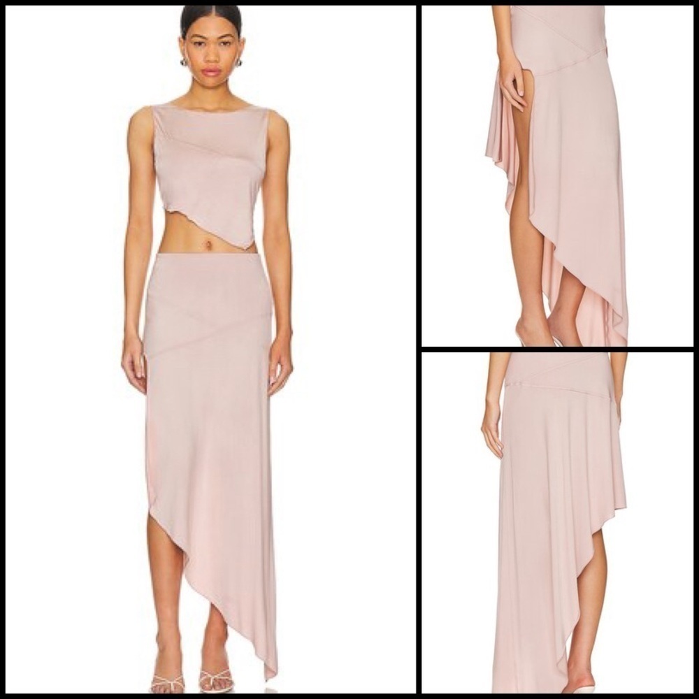 NBD Champagne Coquette Asymmetrical Hi Cut Silky Slinky Party Midi Skirt Size S